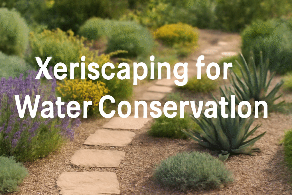 Xeriscaping for Water Conservation – A vibrant xeriscaped garden with a stone path and drought-tolerant plants like lavender, agave, and ornamental grasses.