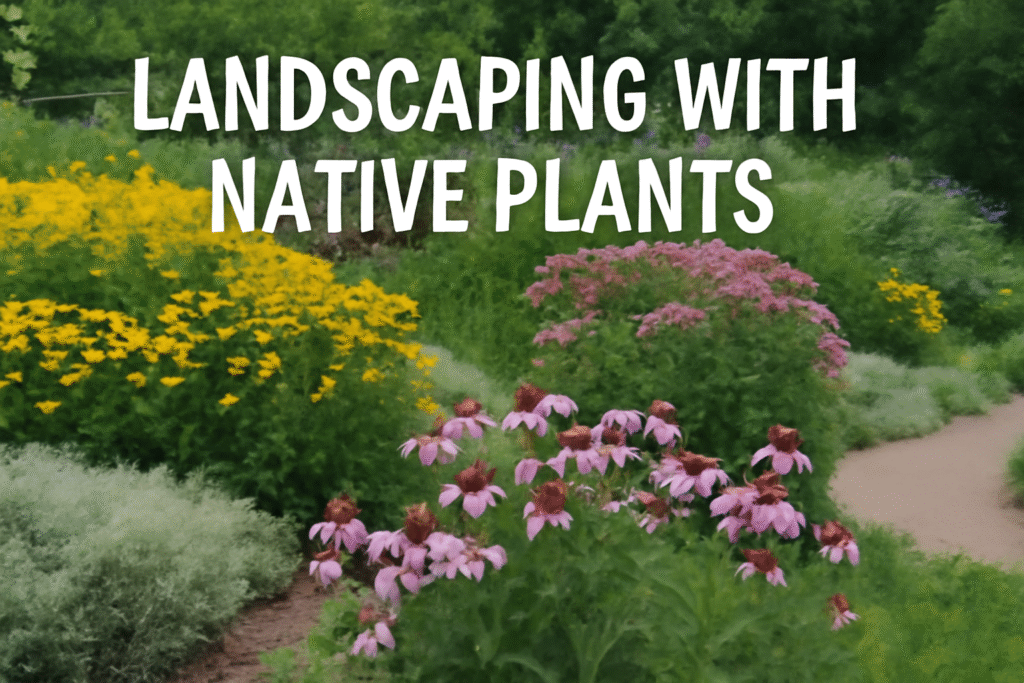 Landscaping with Native Plants – A beautiful garden filled with colorful native plants, including purple coneflowers and black-eyed Susans, with a winding stone pathway