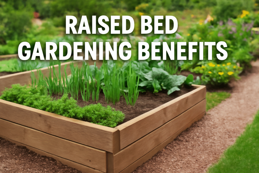 Raised Bed Gardening Benefits – A vibrant garden featuring raised wooden garden beds filled with healthy vegetables and plants, showcasing the advantages of raised bed gardening.