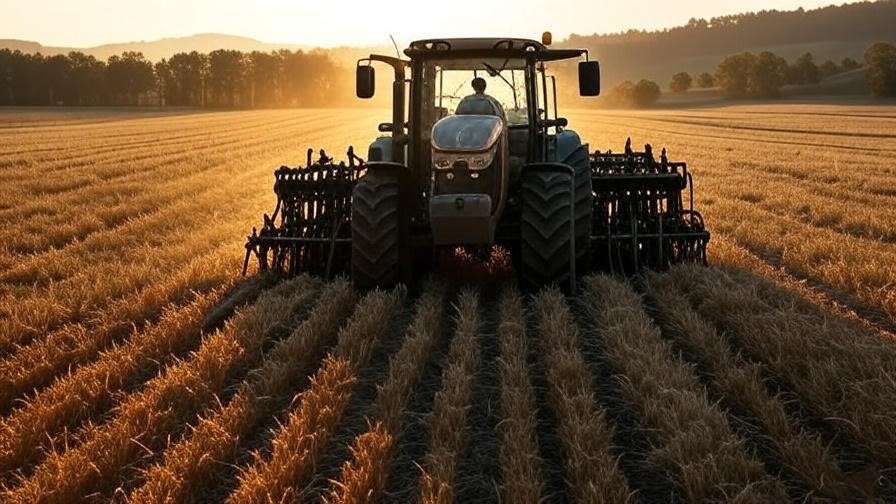 A field being planted with winter wheat using a tractor and seed drill. 