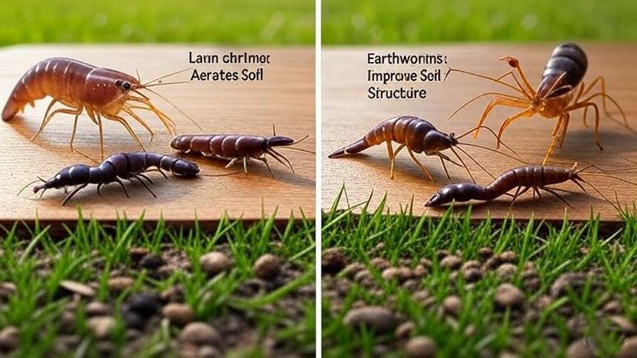 Comparison graphic showing lawn shrimp, earthworms, and ants side by side, each with their distinct roles in the soil.