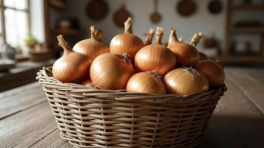 A basket of cured onions stored in a cool, dry place or hung for curing. 