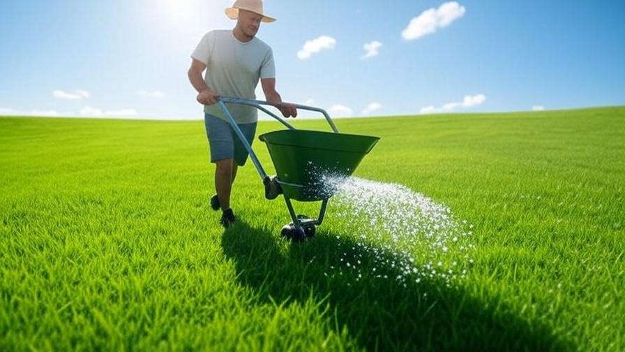 A person applying fertilizer to Bermuda grass using a spreader, with the lawn in the background, indicating proper timing and application method.