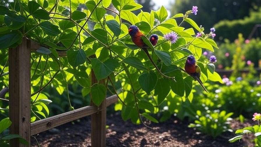 A sunny garden with loroco growing on a trellis, surrounded by well-drained soil and ample sunlight.