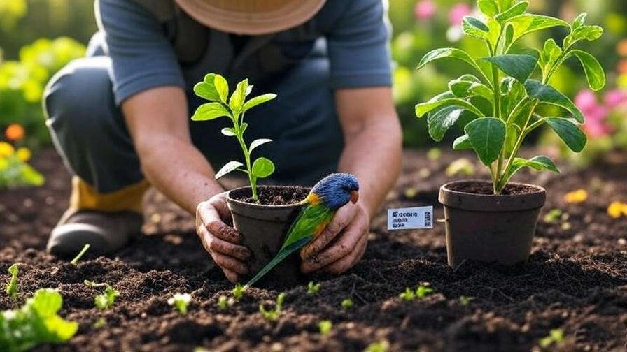 A gardener planting loroco seeds or cuttings in a small pot or garden bed, with clear instructions or labeled steps showing soil preparation and planting.