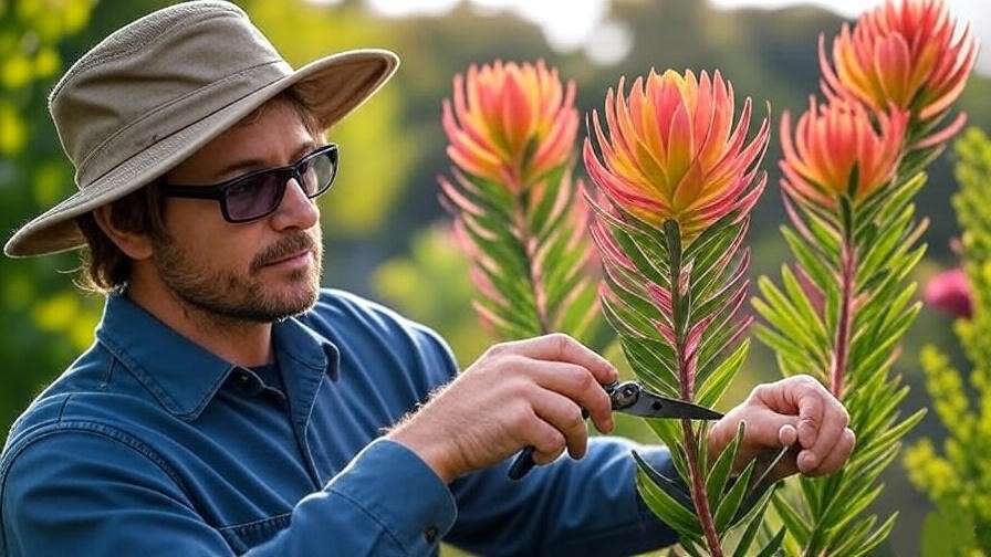 An image of someone harvesting Leucadendron flowers, cutting the colorful bracts and stems with a clean pair of pruning shears.