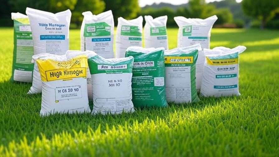  A display of different fertilizer bags with labels like "High Nitrogen Fertilizer", "20-20-20 Fertilizer", and "Slow-Release Fertilizer" arranged neatly next to healthy Bermuda grass in a well-maintained lawn.