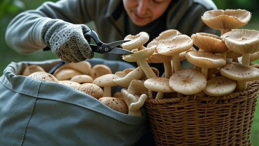 A close-up of someone harvesting mature mushrooms from a grow bag, using sanitized scissors or a knife.