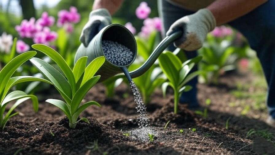 A close-up of a gardener watering ground orchids, with a watering can or hose, and applying fertilizer.