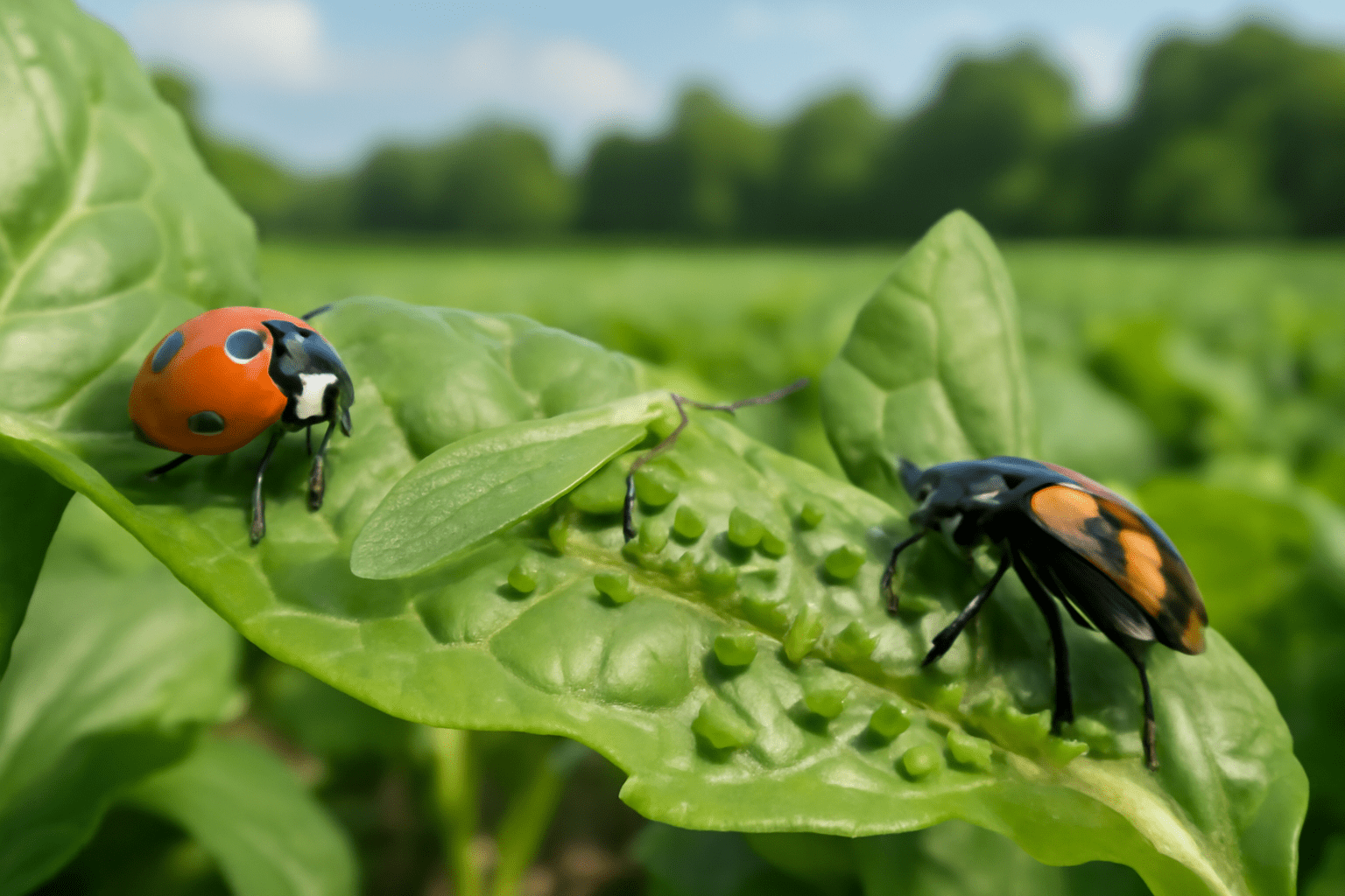 Close-up image of a ladybug, lacewing, and predatory beetle on a cabbage-like leaf, controlling aphid infestations, with healthy crops in the background.