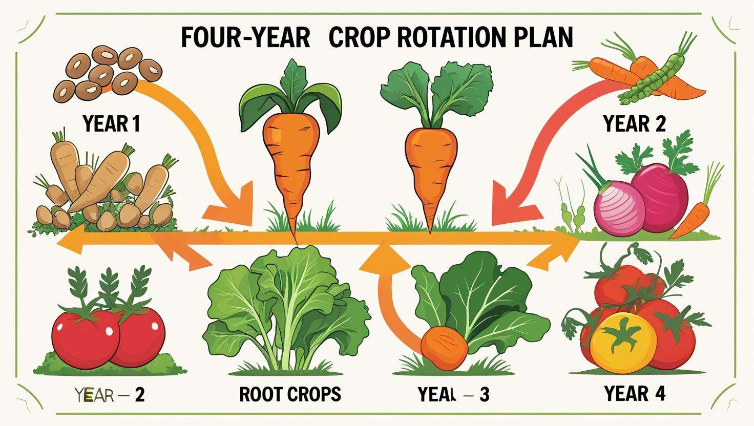 An informative, colorful infographic showing a four-year crop rotation plan: Year 1 - Legumes (beans, peas), Year 2 - Root Crops (carrots, radishes), Year 3 - Leafy Greens (lettuce, spinach), Year 4 - Fruiting Crops (tomatoes, peppers). Include arrows connecting the stages with icons of each crop type.