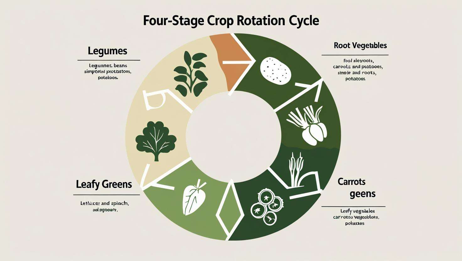Create an infographic of crop rotation, featuring a cycle with four stages: legumes (peas, beans), root vegetables (carrots, potatoes), leafy greens (lettuce, spinach), and fruiting vegetables (tomatoes, peppers). Use arrows to show the rotation order, and include simple icons for each crop type with minimal text in a clean, educational style.