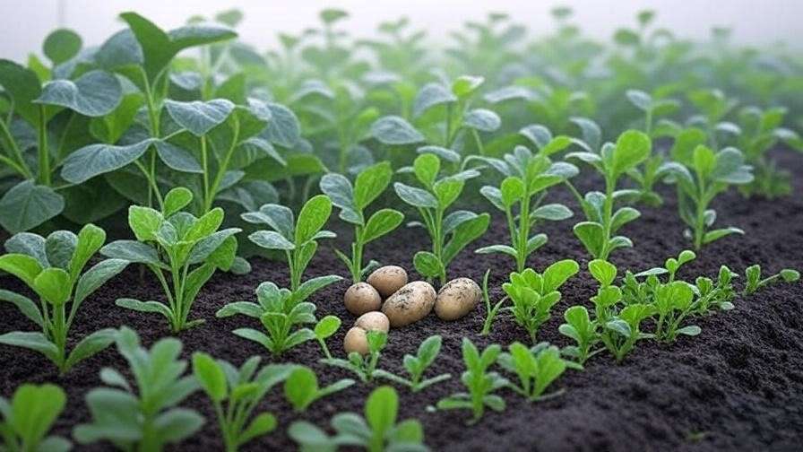Close-up view of different crops growing together in a small garden plot. There should be beans, maize, potatoes, and various vegetables, highlighting the diversity of crops typical in subsistence agriculture. The image should convey a sense of sustainable, traditional farming.