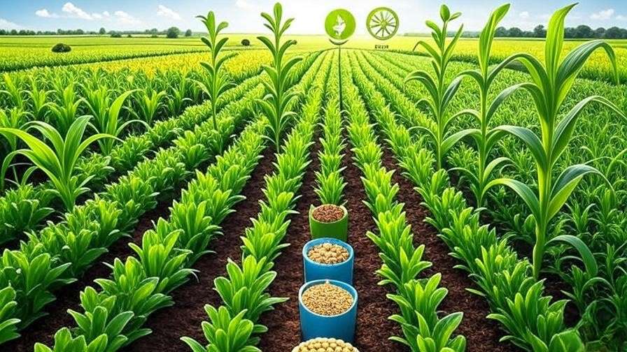 A detailed illustration of a crop rotation plan for organic farming. Show a variety of crops in a rotating cycle, such as legumes (peas/beans), corn, and cereals. Include arrows to indicate the rotation cycle, with the focus on natural methods without synthetic inputs. Include vibrant green fields, plants in different stages of growth, and symbols representing sustainability, such as soil, sunlight, and water.
