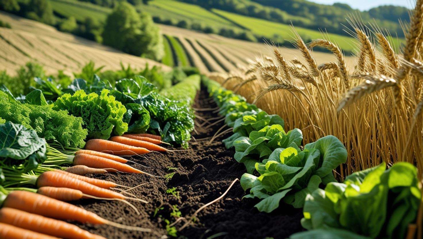 A beautiful, rich agricultural field in northern France showing a variety of crops like carrots, lettuce, wheat, and barley growing side by side under the temperate climate. The soil looks rich and fertile, with a balance of leafy greens, root vegetables, and grains. Capture the essence of organic, sustainable farming in the region