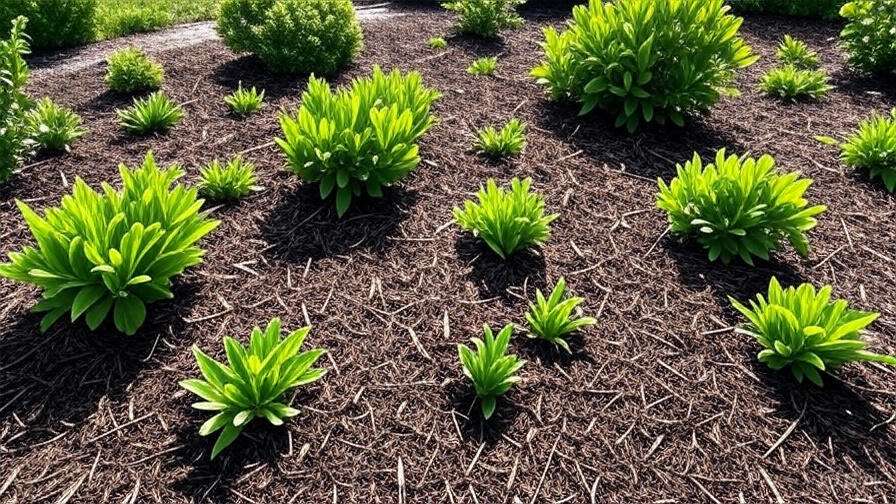 Garden bed with mulch layer providing moisture retention, weed control, and aesthetic appeal for plants