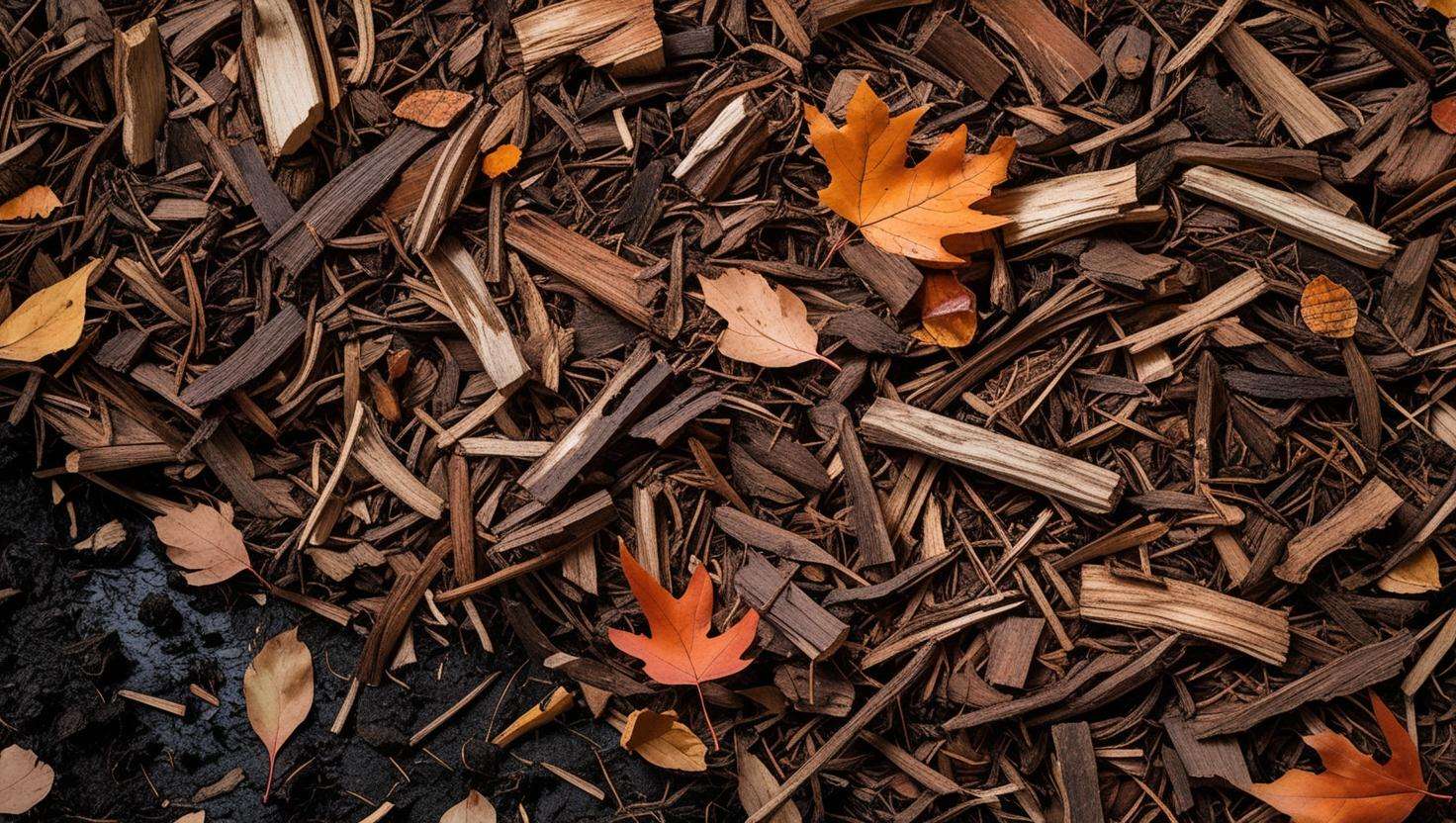 Close-up shot of richly textured shredded hardwood mulch, predominantly oak and maple, revealing a dense composition of varying sized wood chips, fragments of bark, and scattered autumn leaves resting on dark, moist soil. The lighting should highlight the individual textures and colors of the wood and leaves, emphasizing the natural decomposition process.