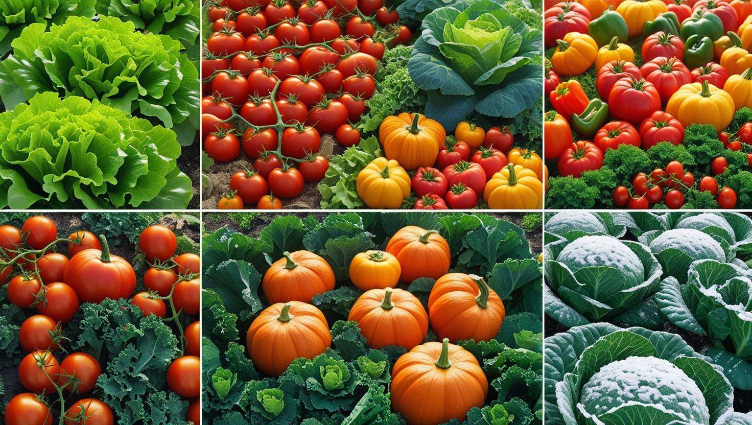 "Seasonal garden showing crops growing in spring, summer, fall, and winter, with a variety of healthy plants like lettuce, tomatoes, kale, and cabbage."