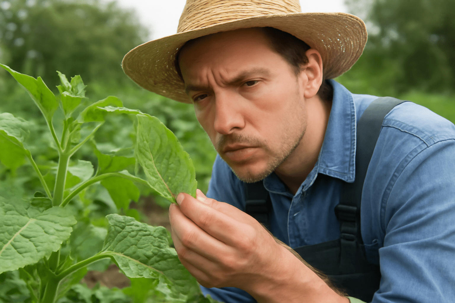 Farmer inspecting an aphid-infested leaf in an organic garden, closely examining the pest damage while looking focused and concerned.