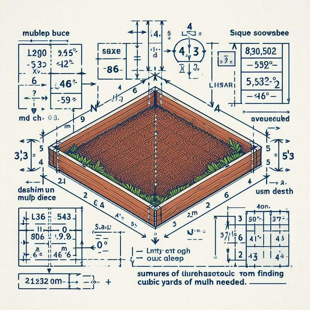 Step-by-step diagram showing how to calculate the amount of mulch needed for a garden bed.