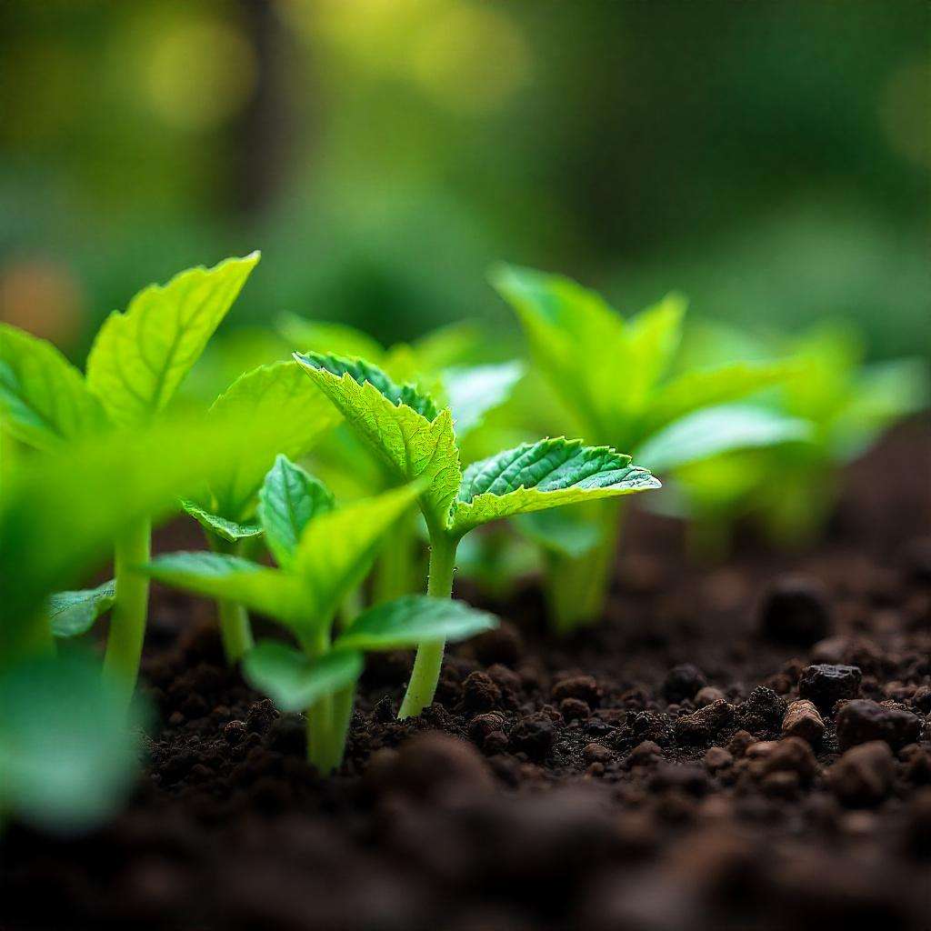 Garden showing healthy plants thriving with the benefits of mulch—moisture retention, weed control, and improved soil health