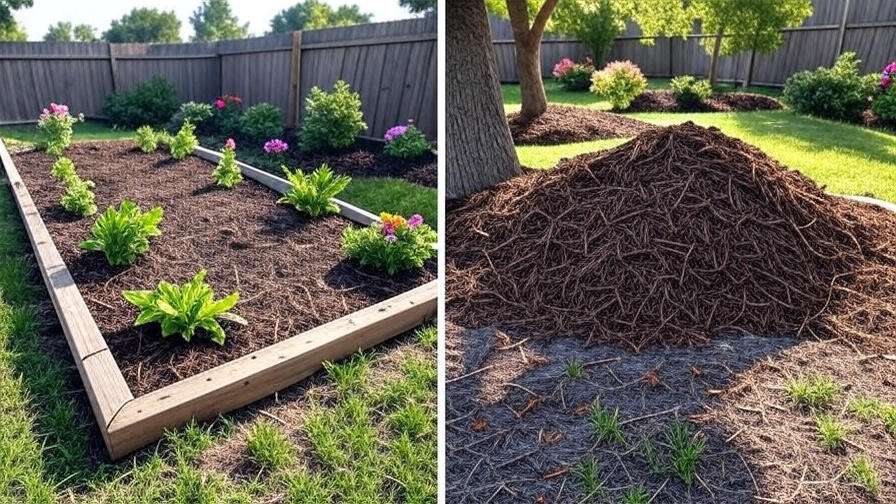 Comparison of proper and improper mulch application, highlighting mistakes like overapplying mulch and piling it against tree trunks.