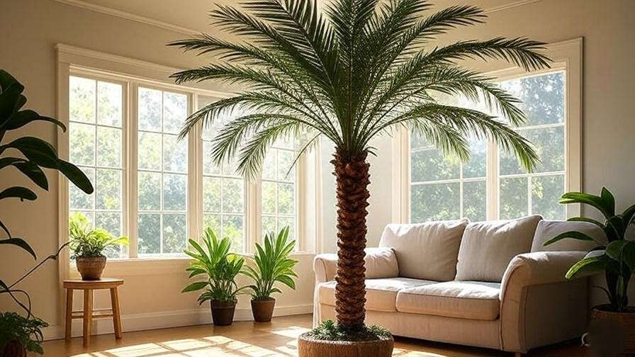King palm plant in a bright, stylish indoor living room, showcasing its feathery fronds and slender trunk.
