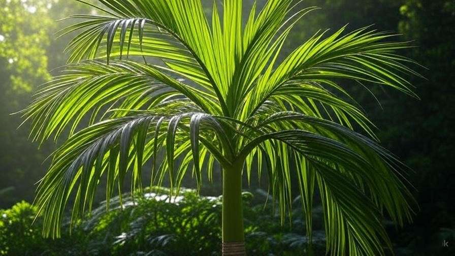 Close-up of king palm plant’s feathery fronds and slender trunk in bright light