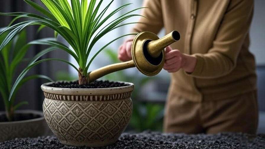Watering a king palm plant in a decorative pot indoors, ensuring proper care.