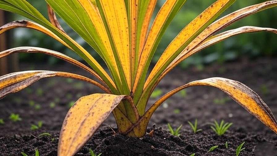 Close-up of yellowing leaves on a king palm plant, a sign of overwatering or nutrient deficiency.
