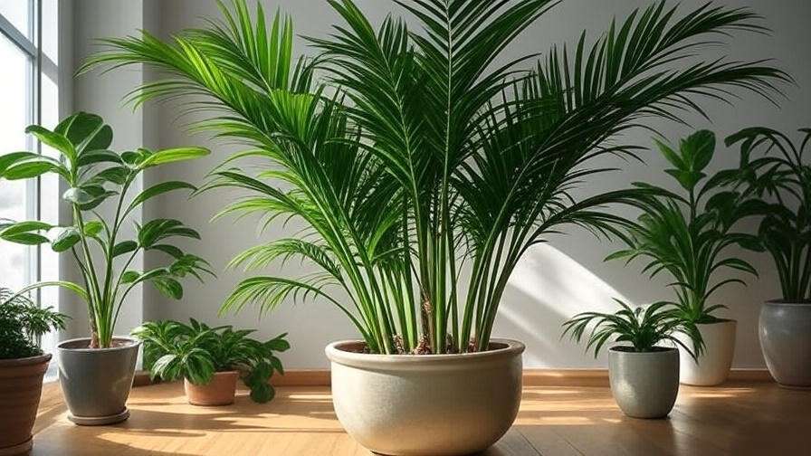 "A thriving king palm plant in a large pot, showing its full growth and healthy fronds."
