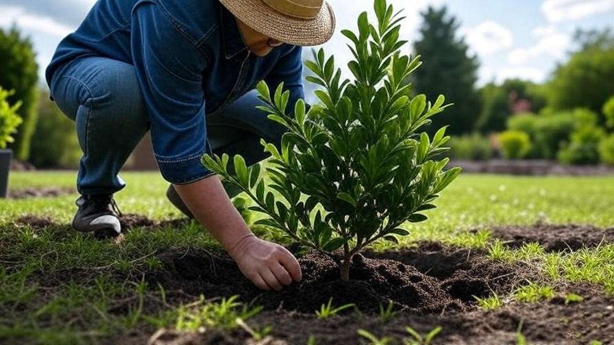 Gardener planting Green Velvet Boxwood in a well-prepared hole with soil and a compact plant.