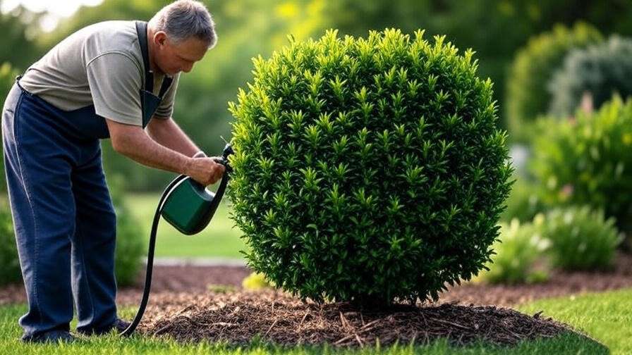 Gardener watering Green Velvet Boxwood, with healthy foliage and mulch surrounding the base