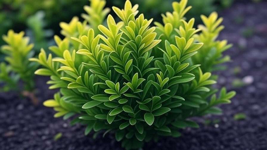 Green Velvet Boxwood with yellowing leaves, indicating potential overwatering or stress.

