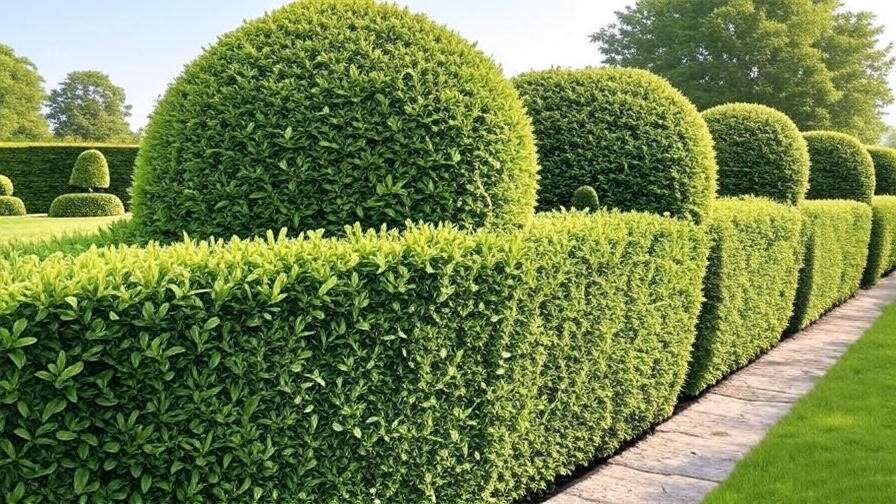 Well-maintained formal hedge of Green Velvet Boxwood shaped into neat forms in a landscaped garden