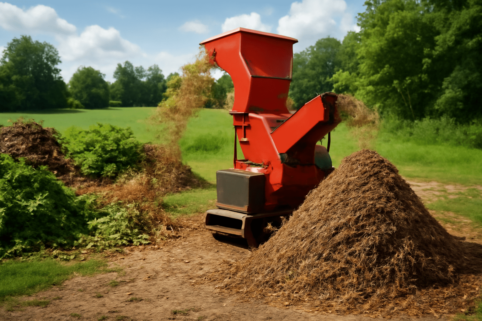 A mulching machine shredding organic materials like leaves, grass clippings, and wood chips into fine mulch, with piles of mulch ready for application. The setting is a green, rural farm environment.