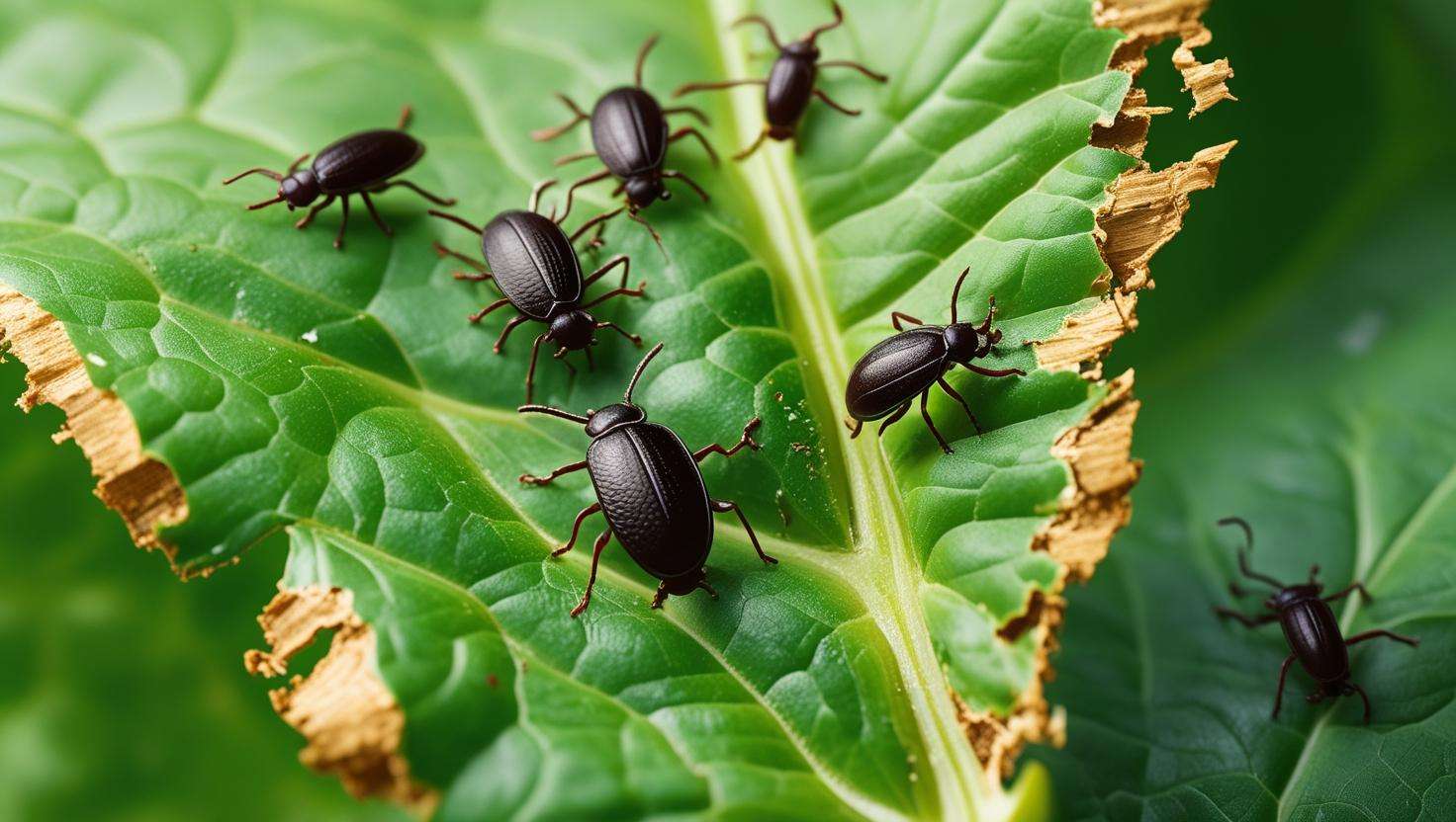 A close-up image of a leaf with aphids or small beetles crawling on it. The leaf shows slight damage, and the insects are visible, feeding on the plant.