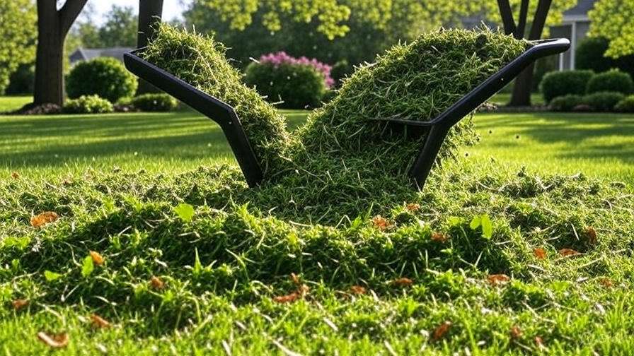 “Mulcher shredding grass and leaves, creating mulch to enrich the soil in a lush garden.” 
