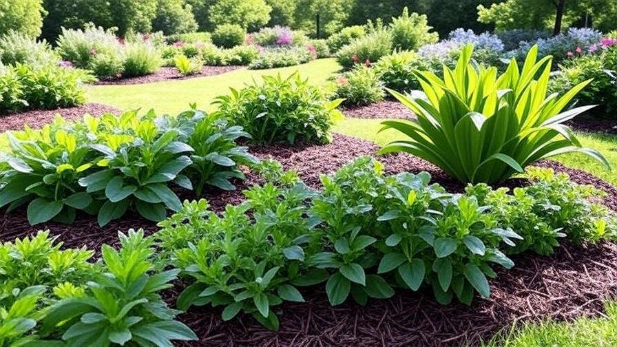  “Beautiful, well-maintained garden with evenly spread mulch, healthy plants, and lush grass.” 