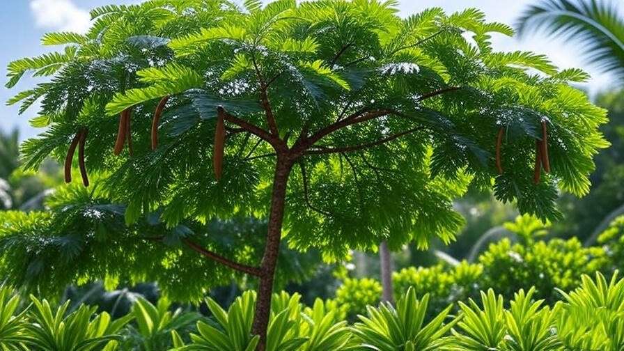 "Imli plant (Tamarind tree) with long brown pods hanging from branches, showcasing its size and growth." 