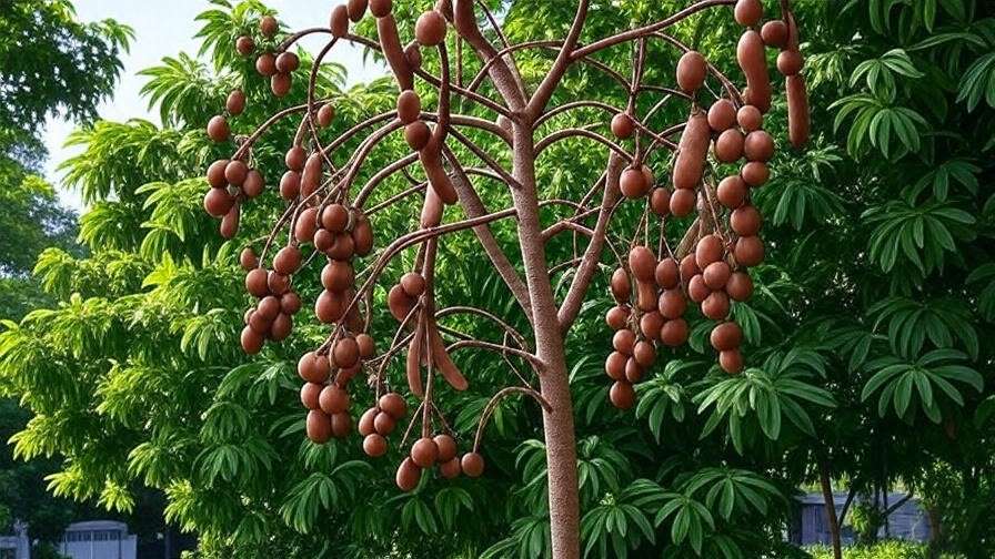  "Ripe tamarind pods cracking open on the tree, signaling they are ready for harvest." 