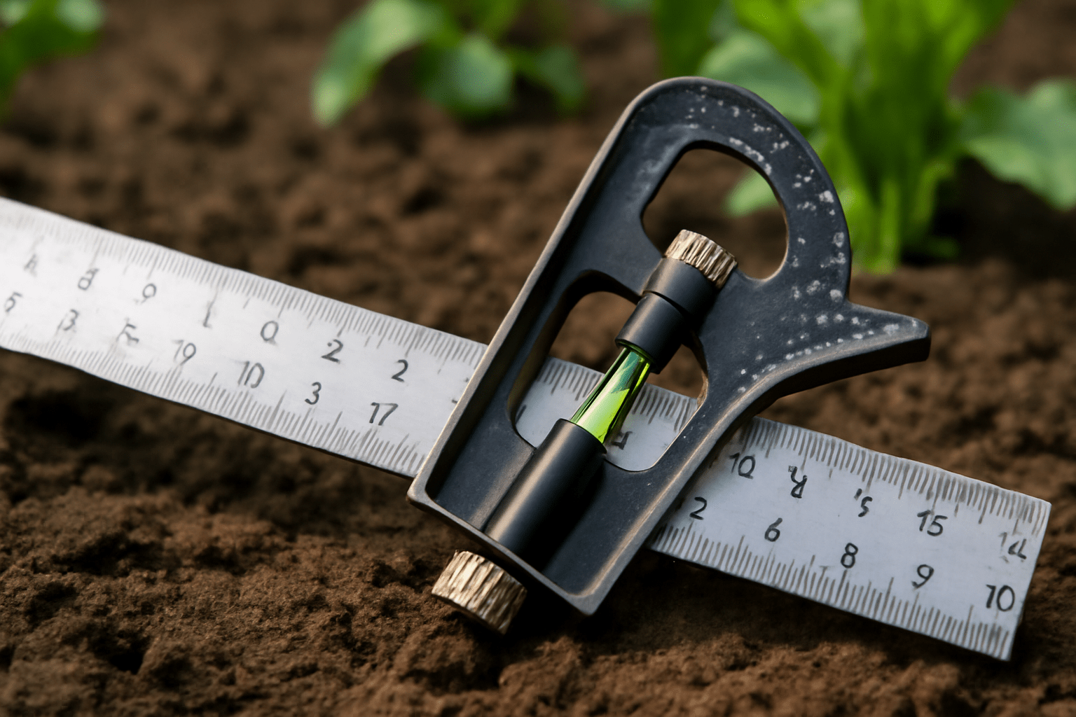 Close-up of a combination square tool with focus on its ruler, adjustable head (stock), spirit level, and optional protractor. The image should highlight the parts and their utility, especially in agricultural use.