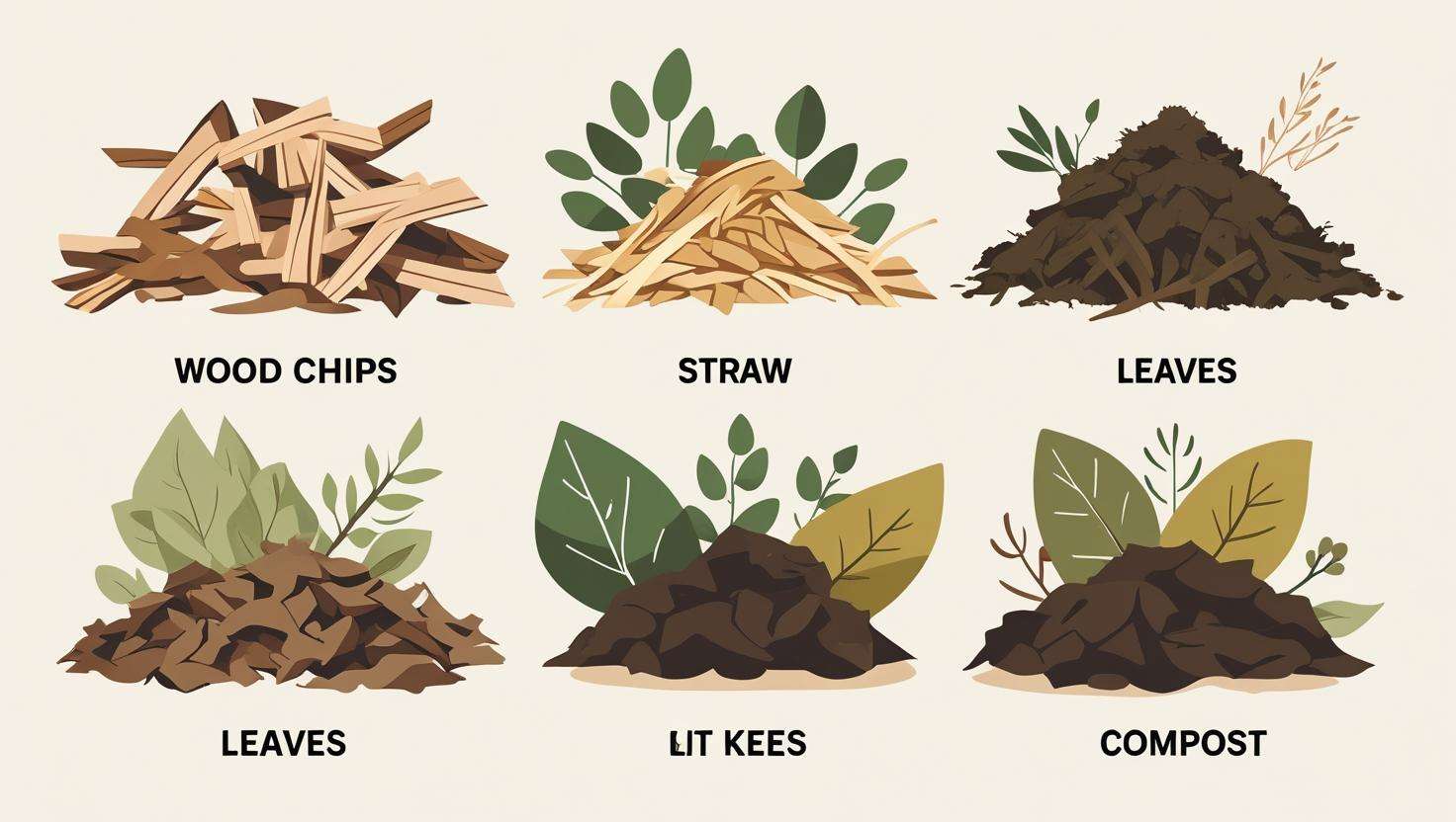 An infographic displaying different types of organic mulch: wood chips, straw, leaves, and compost. The image should be simple yet informative, with clear labels for each mulch type. It should have earthy colors and a clean design.