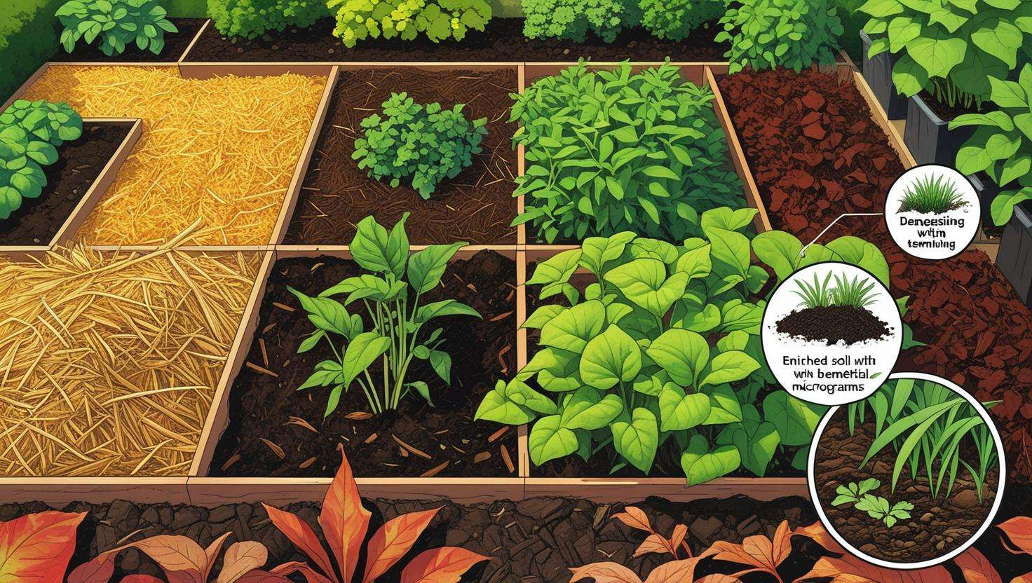  An illustration of a garden with different types of organic mulch spread across various plant beds (e.g., straw, wood chips, grass clippings, leaves). The image should highlight how mulch decomposes and enriches the soil, fostering plant growth.