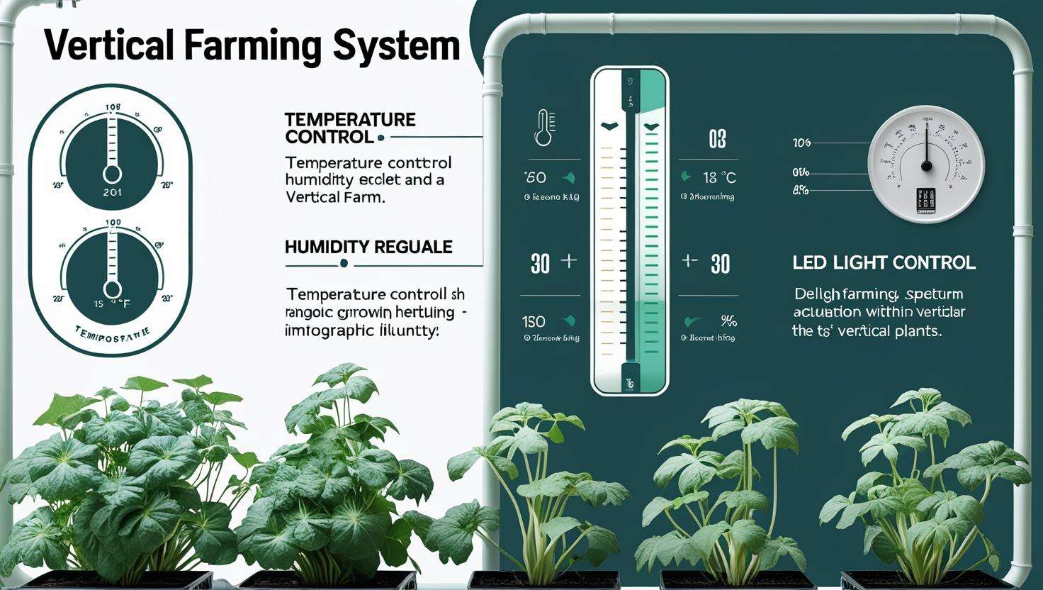 "An infographic illustrating a vertical farming system with sections labeled for temperature control, humidity regulation, and LED light control, highlighting the benefits for growing delicate plants like Aulium.