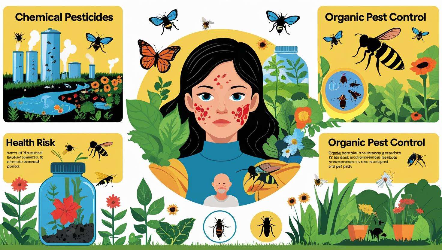 An infographic comparing the negative effects of chemical pesticides (pollution, harm to health, and beneficial insects) versus the benefits of organic pest control (eco-friendly, safe for family and pets, supports biodiversity). Use icons or simple illustrations for clarity.