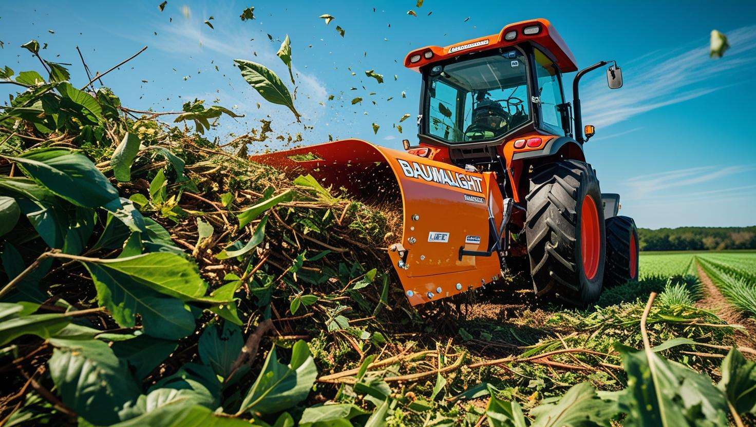  A detailed close-up of the Baumalight Mulcher mounted on a tractor, shredding plant material into mulch. The scene should depict a clear blue sky and a farm field, showing the tool in action, breaking down brush and creating mulch.