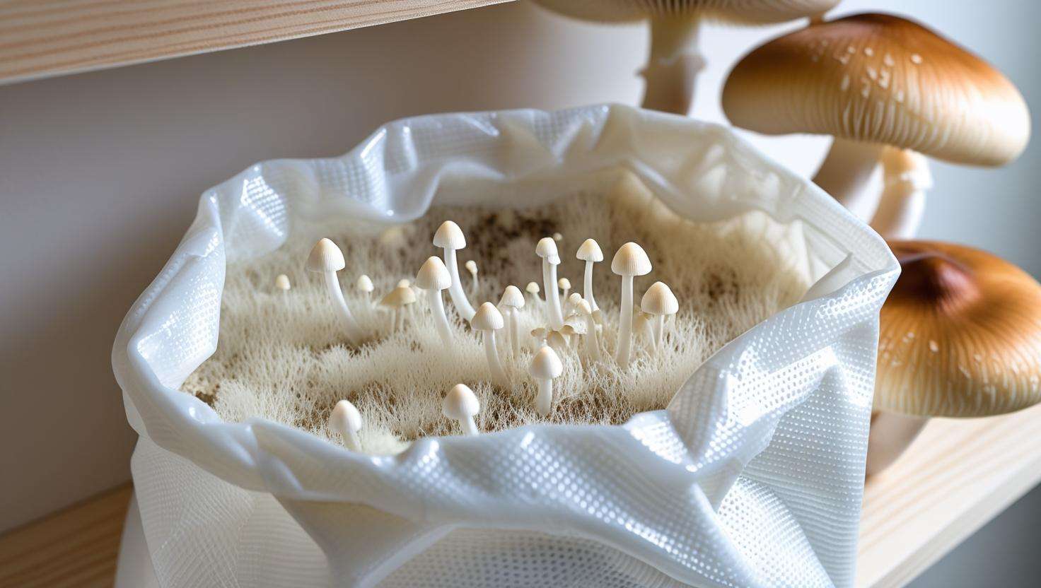 Close-up of a mushroom grow bag with breathable plastic, showing mycelium growing inside the bag, with a background of healthy mushrooms. The bag should be placed on a shelf or small table with a neat and clean look, emphasizing the bag's breathable material.