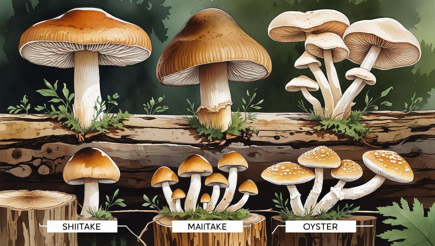 A diagram showing three types of mushrooms: Shiitake, Maitake, and Oyster, growing on logs or stumps from oak, maple, and beech trees. Include labels and illustrations of the mushrooms' characteristics