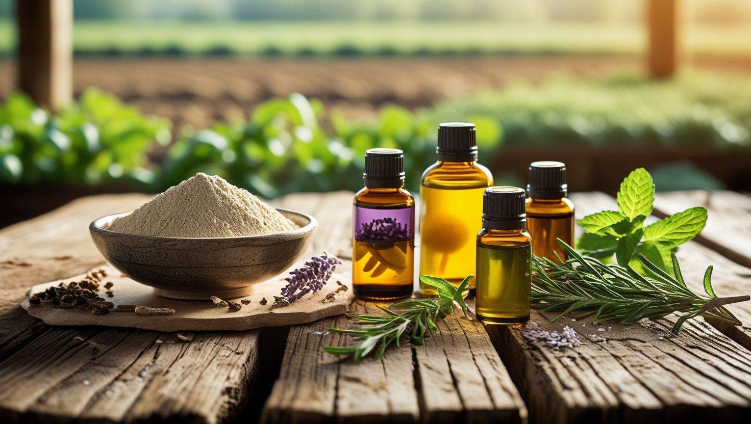 A collection of natural pest control solutions for silverfish on a rustic wooden table, including essential oils (citrus, lavender), diatomaceous earth powder, and fresh herbs like mint and rosemary, surrounded by greenery. A farming environment with soft lighting in the background.
